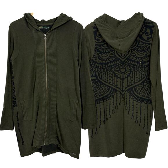 PrAna Sweaters - PrAna Green Zip Up Misha Duster Sweater Medium Hooded Jumper Jacquard Pattern